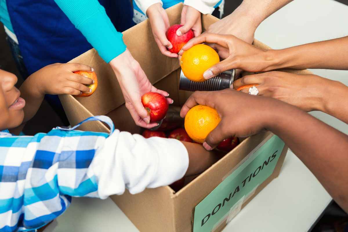 Hands picking up fruit and cans from a box of donations.