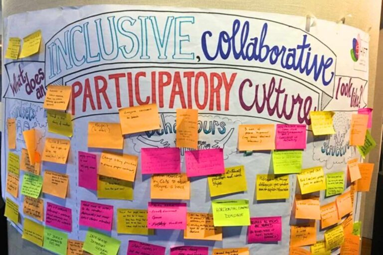 A sheet of poster paper with the heading "what does an inclusive, collaborative, participatory culture look like?" with multicolored sticky notes below.